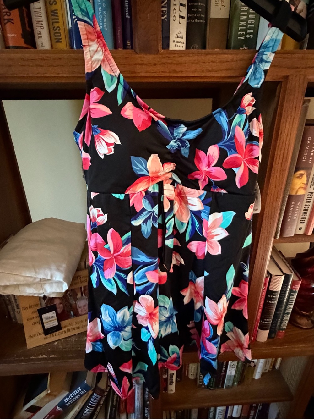 Swim Solutions Black Floral One-Piece Swim Dress with Pink & Blue Blooms